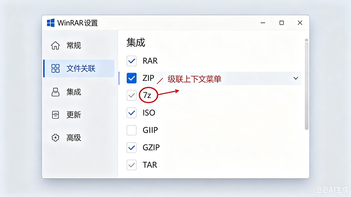 WinRAR 设置综合选项卡勾选